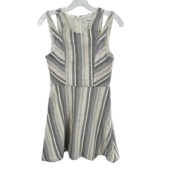 BCBGeneration Black Cream Striped Cut Out Shoulder A-Line Dress Women Sz 2 - Picture 1 of 8